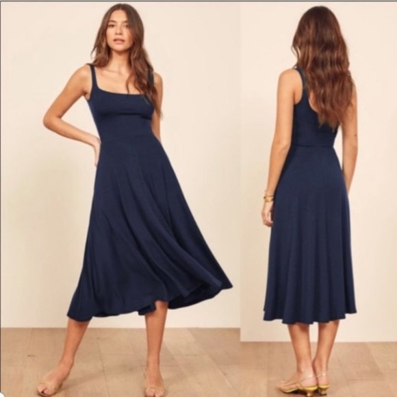 Reformation Dresses & Skirts - Reformation Womens Rou Midi Dress S Navy Blue Sleeveless Stretch Pockets USA